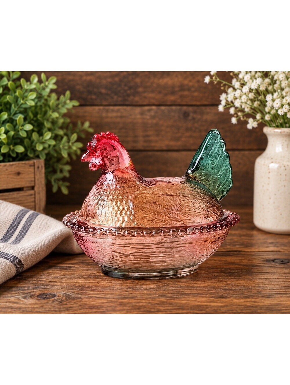 Vintage Style Glass Hen on Nest Pink Green Amber Ombré Covered Candy Dish